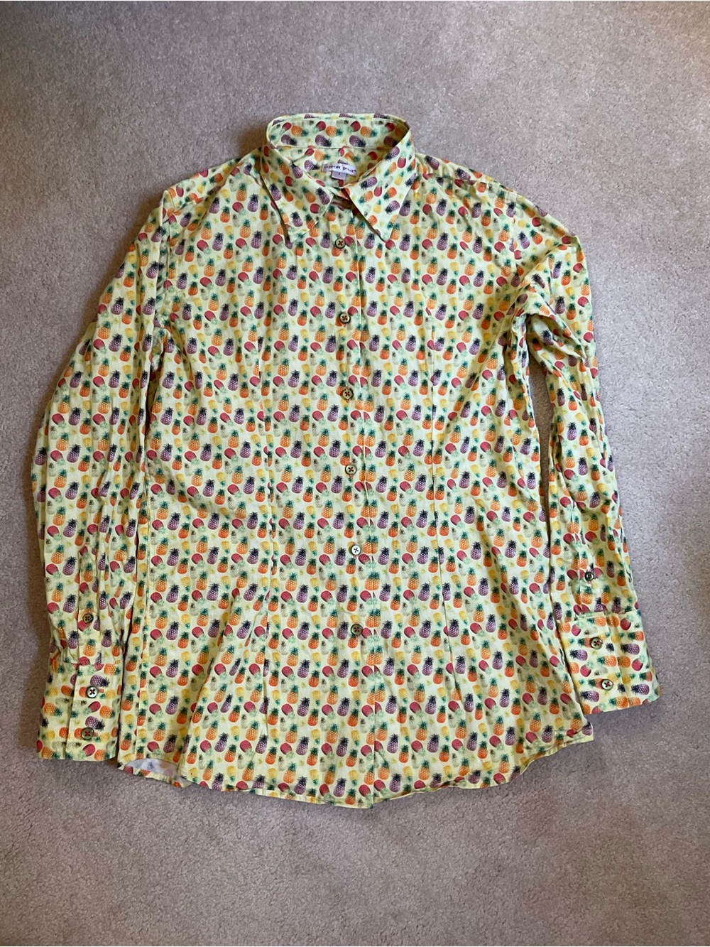 Women’s Yellow Button-Down Shirt Multicolor pineapple novelty Print 19” by 24”